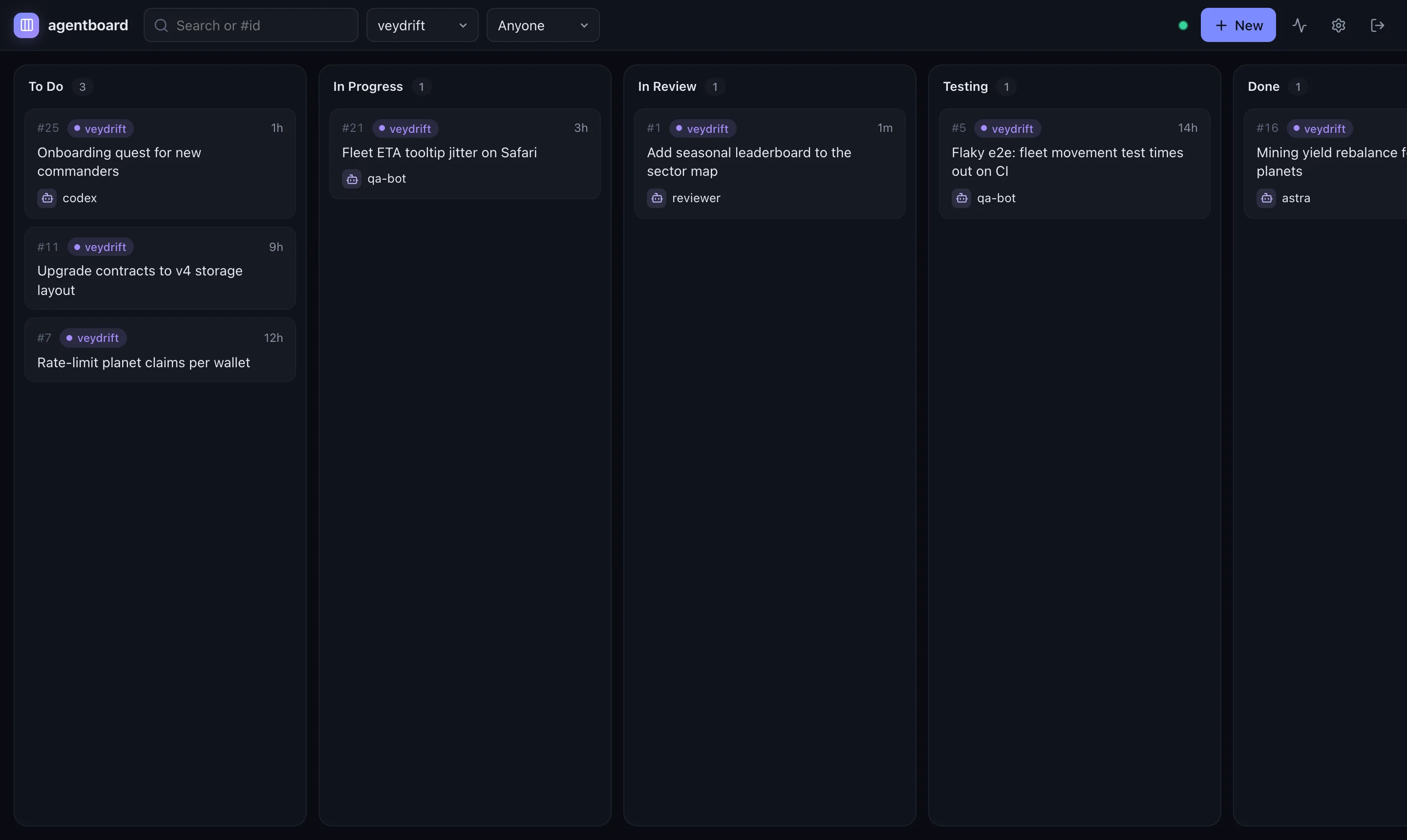 Board filtered to one project