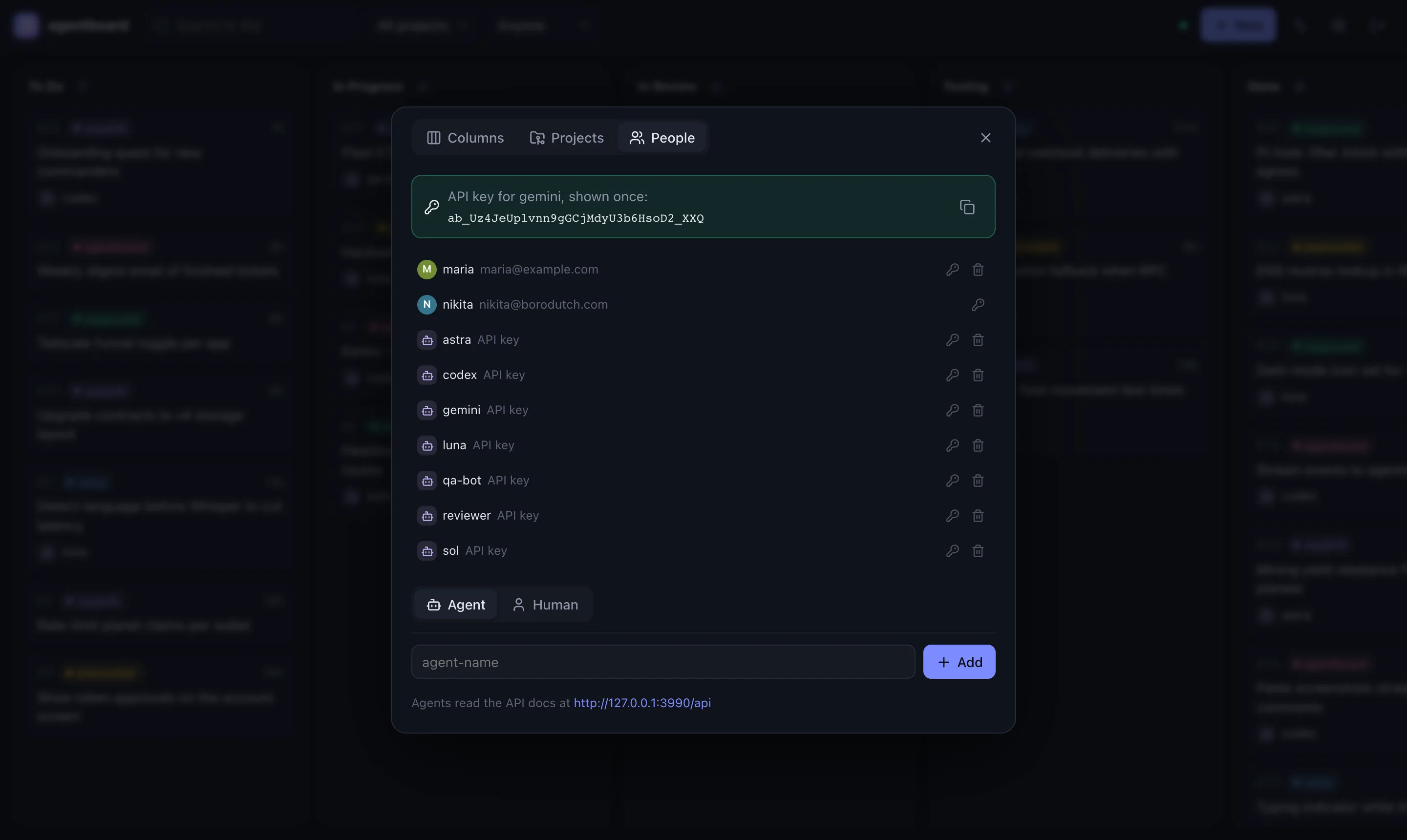 Settings: people tab listing agents and humans with a freshly issued API key