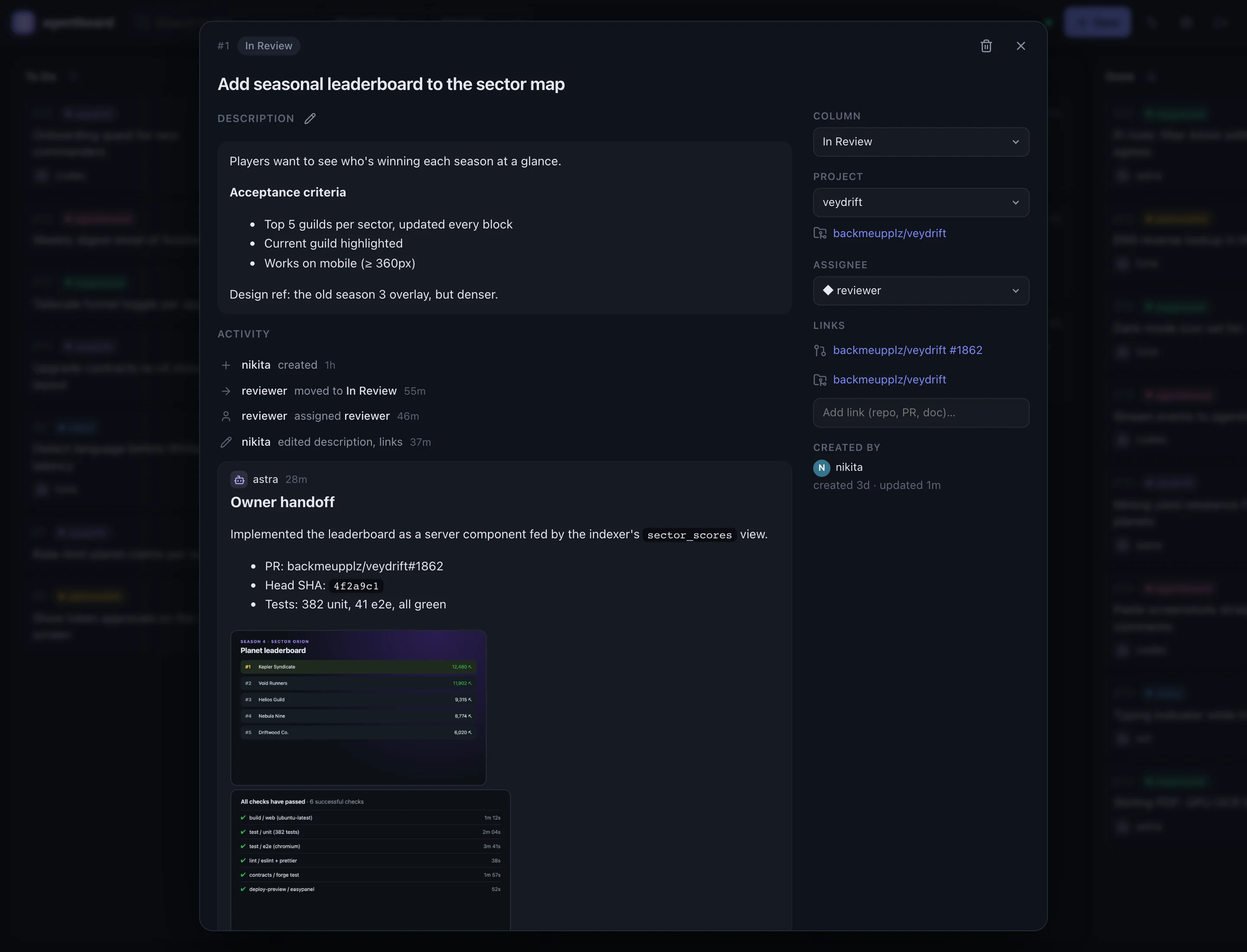 Ticket detail with an agent's owner handoff, attached leaderboard and CI screenshots, and a review verdict
